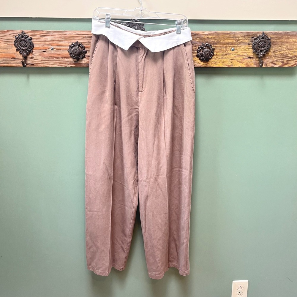 Reformation‎ Stevie Foldover Waist Pleated Wide Leg Trousers Mauve Brown Size 8